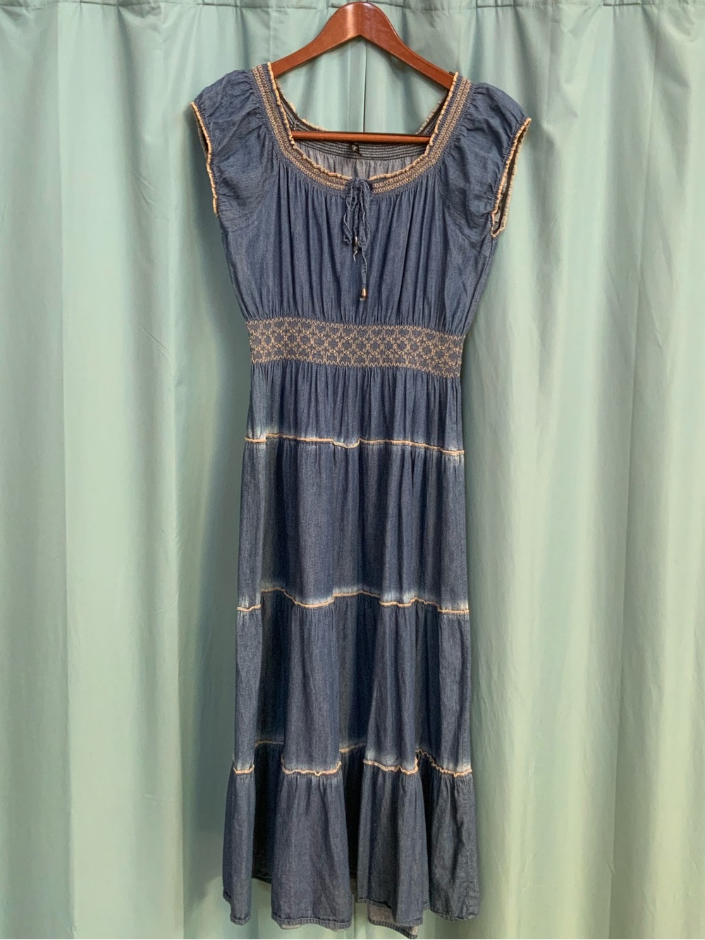 Smocked Waist Denim-Blue Maxi Dress with Tie Neck
